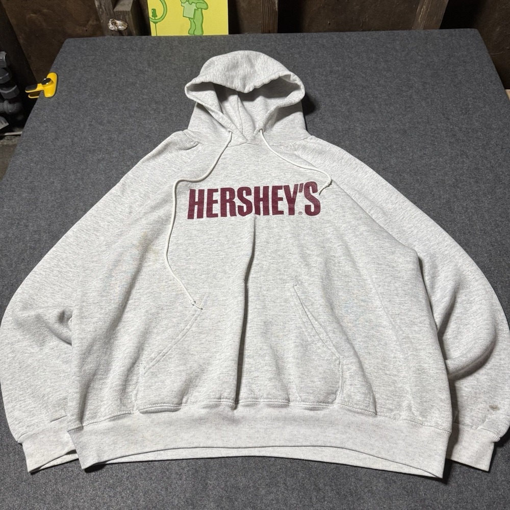 VTG 80s Hersheys Hoodie Mens 2X Gray Pullover Sweatshirt Lee USA Made Chocolate